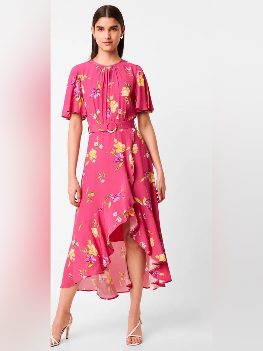 French Connection Pink Floral High-Low Belted Midi Dress